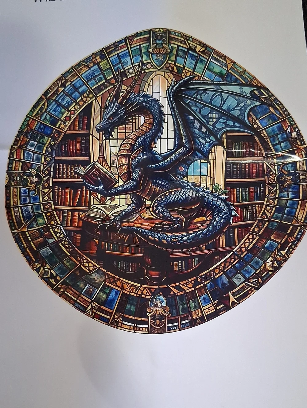 Blue Dragon Round Wooden Jigsaw Puzzle - Fantasy Library Design